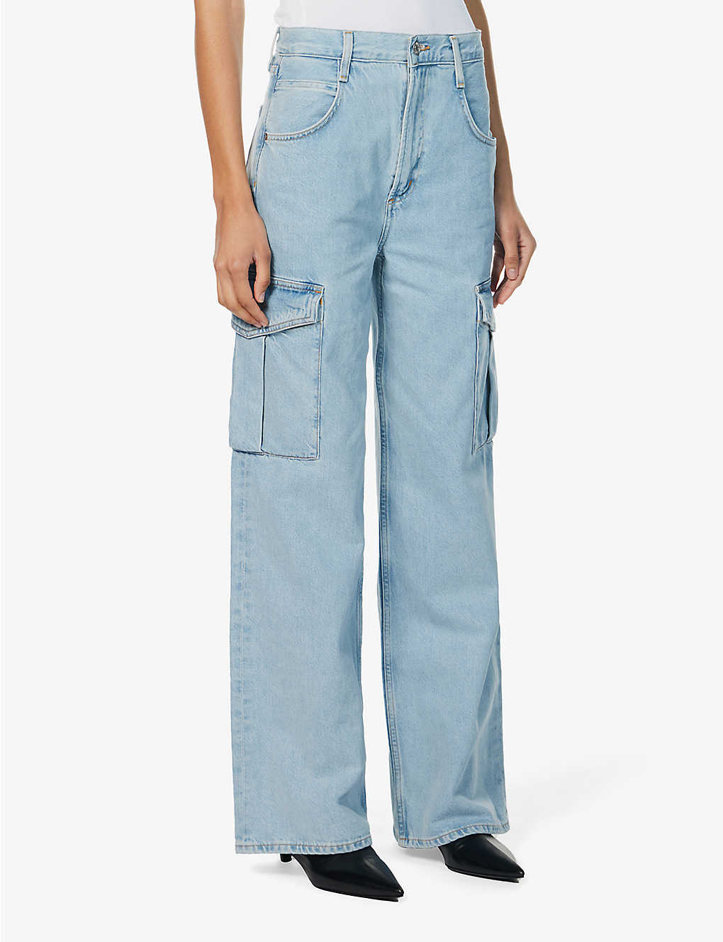 Light blue loose straight leg high-waisted Big Pocket Cargo Pants denim overalls for women