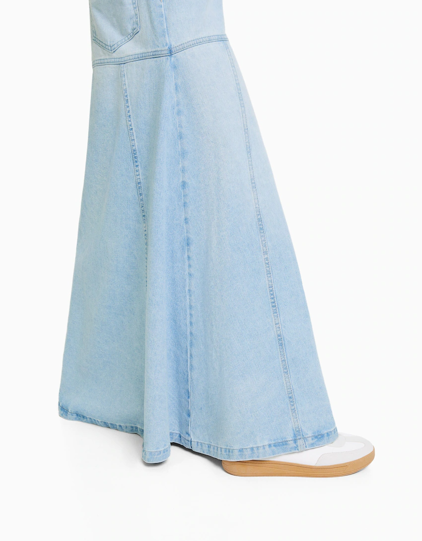 High-waisted Extra Long Denim Skirt with Ruffles