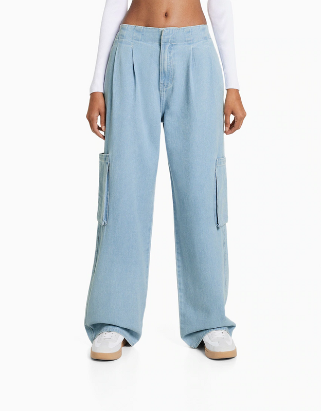 Women's Light Blue Cargo Jeans Wide-leg Pants