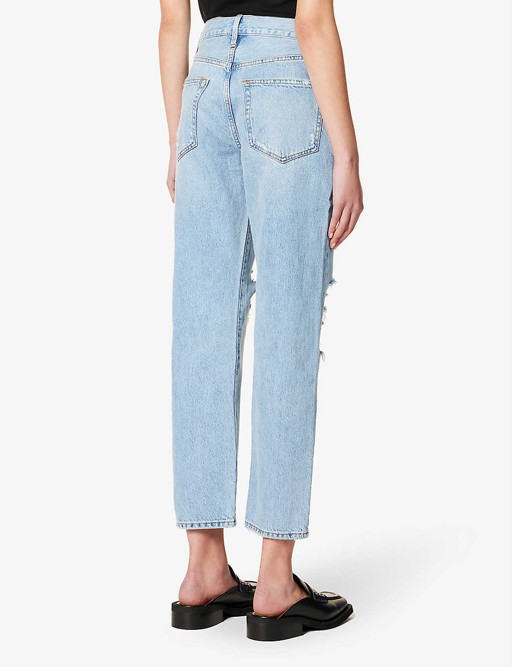 Vintage loose casual light blue wash ripped mid-waist denim nine-point pants