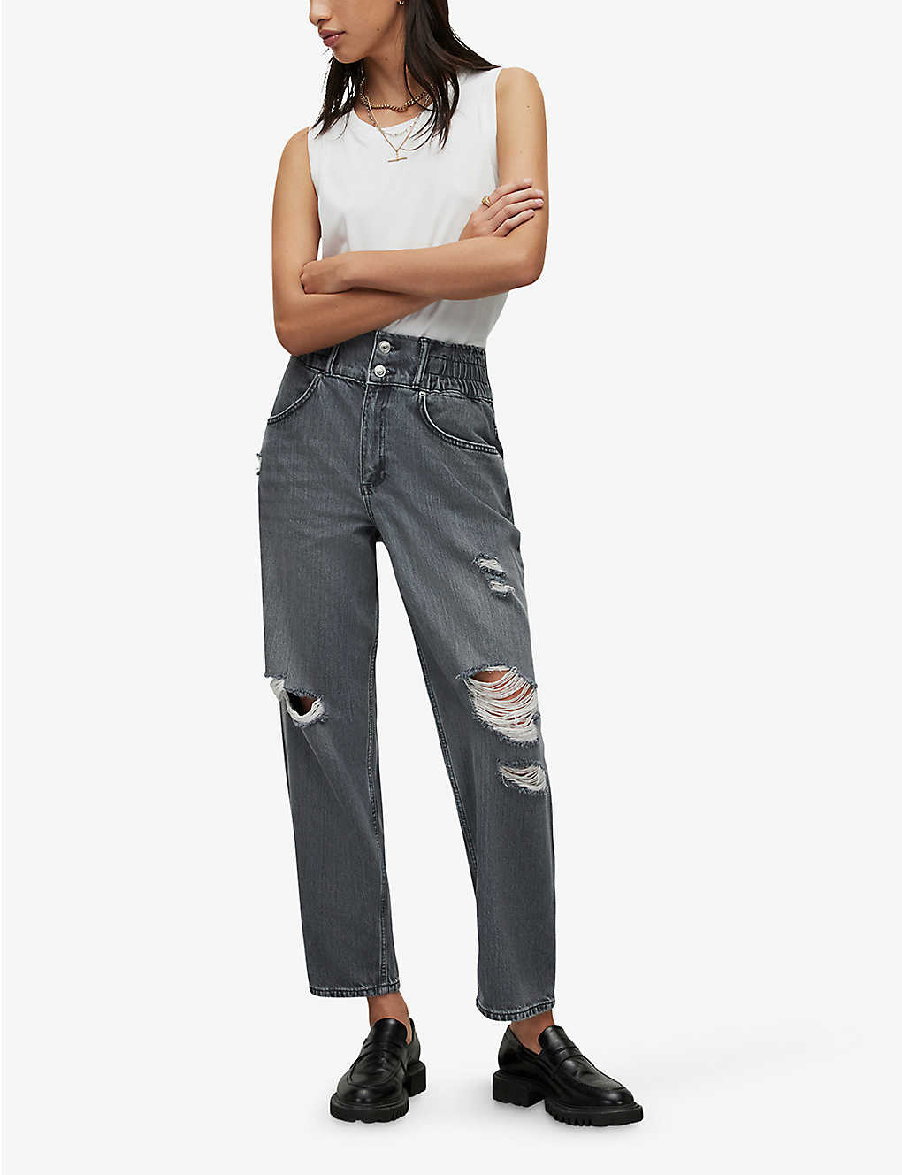 Stylish casual high-waisted baggy ripped gray jeans for women