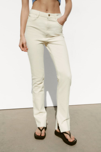 Fashion vintage beige white high-waisted cut straight-leg slim jeans for women with Split