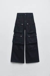 Fashion Loose straight 8 Pockets black cargo jeans for women