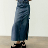 Women's Blue Color Belt Split Denim Long Skirt