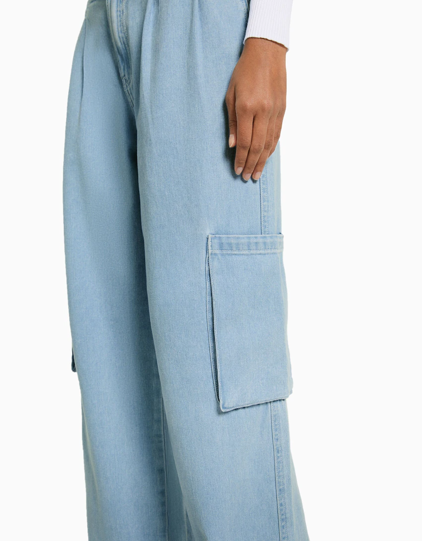 Women's Light Blue Cargo Jeans Wide-leg Pants