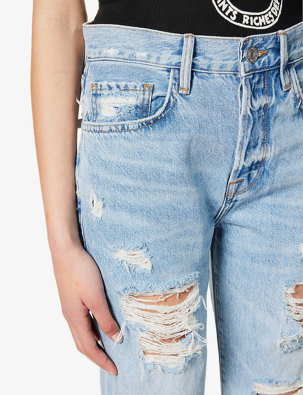 Vintage loose casual light blue wash ripped mid-waist denim nine-point pants