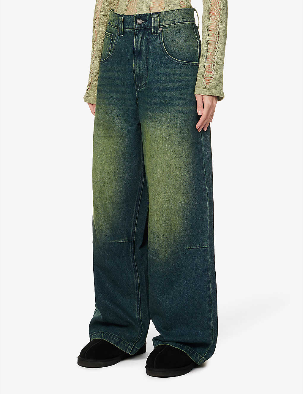 Stylish retro loose straight leg brown blue women jeans 