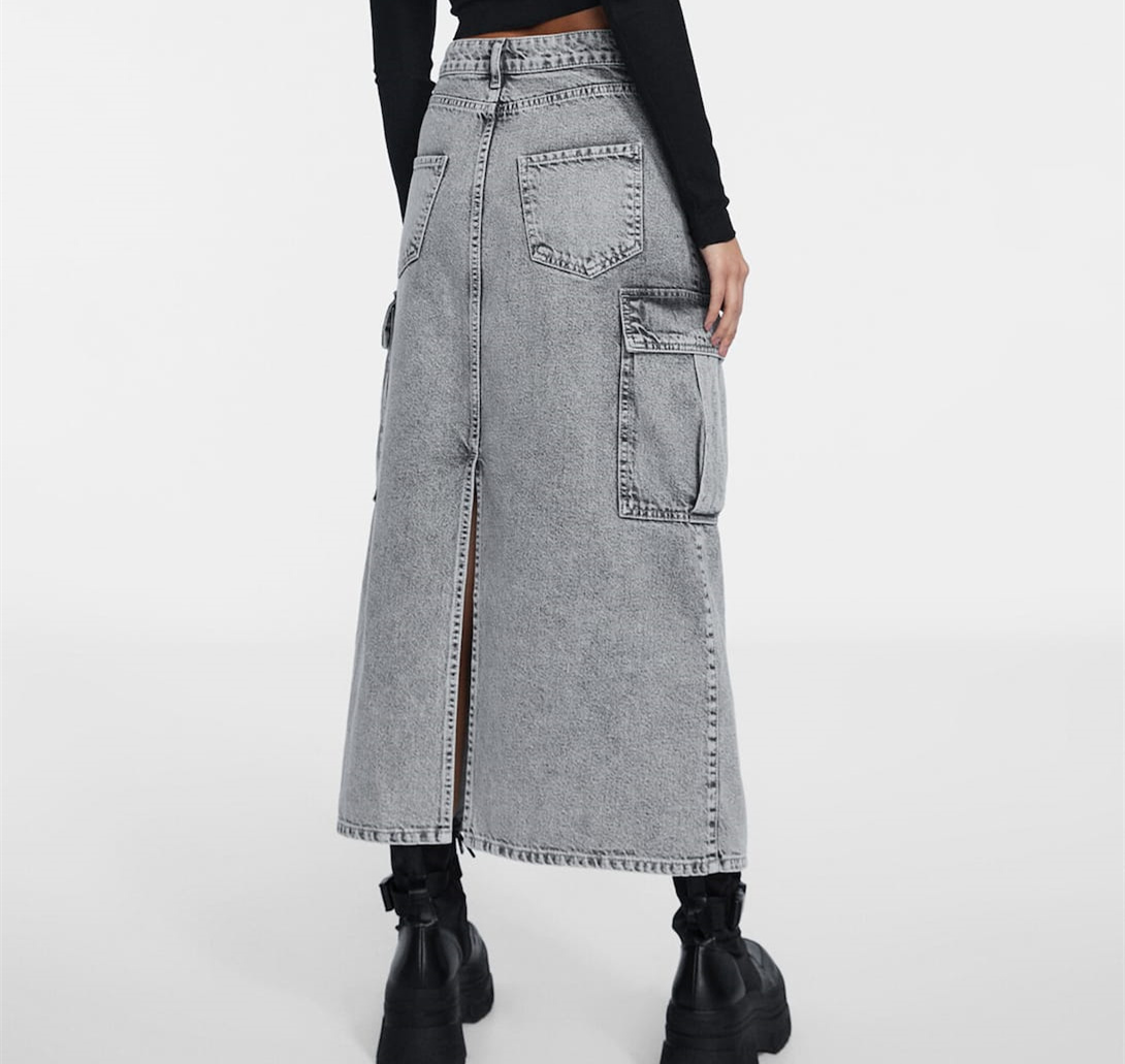 High-waisted Back Split Light Gray Denim Cargo Skirt