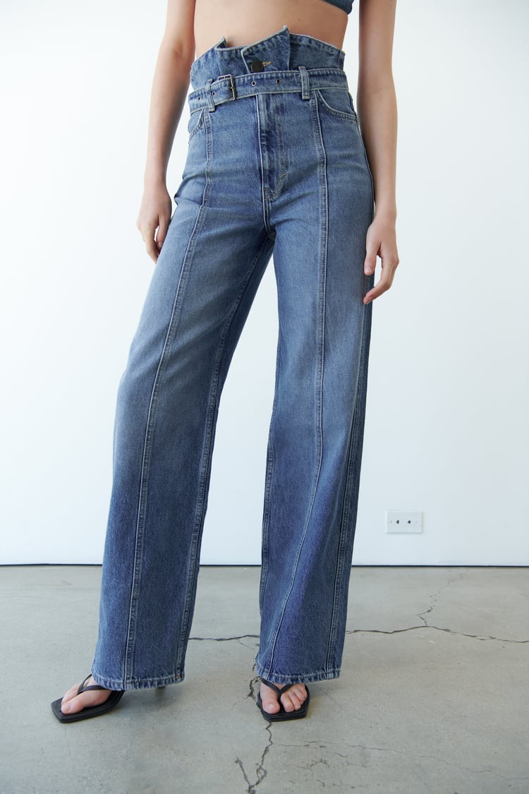 Blue Straight Leg Jeans with A Belt Strap at The Waist