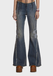 Fashion blue slim-fit bell-bottom floral raw hem collage low-rise flared jeans for women