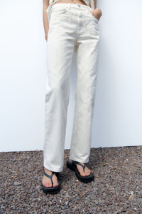 New white straight-leg slim beige Jacquar denim jeans for women