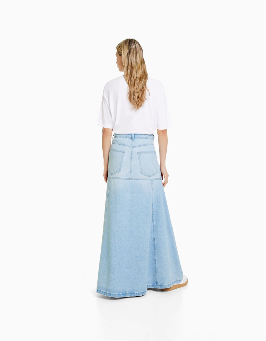 High-waisted Extra Long Denim Skirt with Ruffles