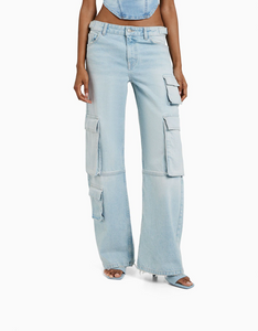Classic light blue loose straight tube mid-waist cargo multi-pocket design women's jeans