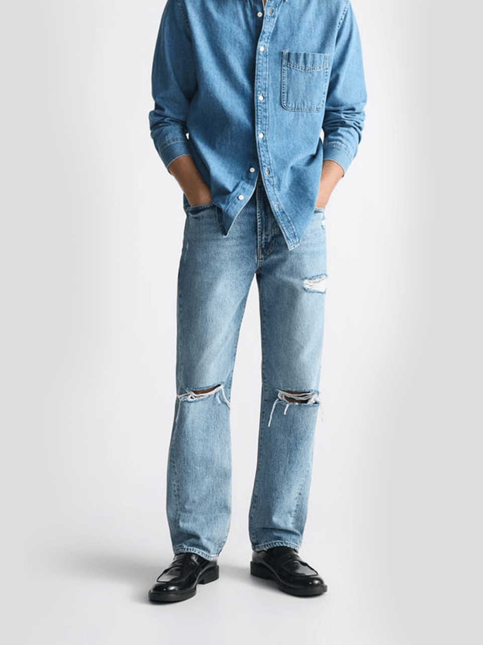 Fashion classic ripped straight leg loose-washed blue jeans