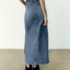 Women's Blue Color Belt Split Denim Long Skirt