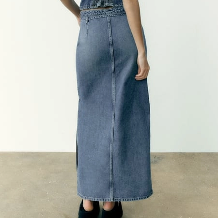 Women's Blue Color Belt Split Denim Long Skirt