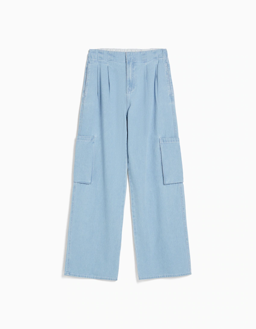 Women's Light Blue Cargo Jeans Wide-leg Pants