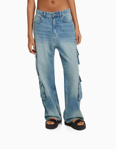  Fashion classic wash Light Blue loose mid-rise Straight-leg cargo jeans for women