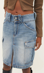 Front Split Side Cargo Pocket Denim MIDI Skirt