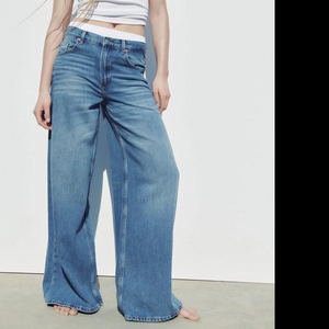 Fashion High-waisted Denim Wide-leg classic baggy A-line straight-leg blue jeans for women