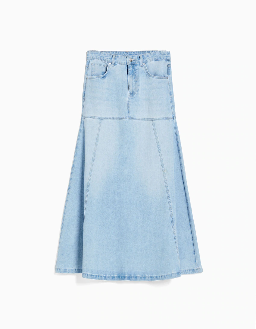 High-waisted Extra Long Denim Skirt with Ruffles