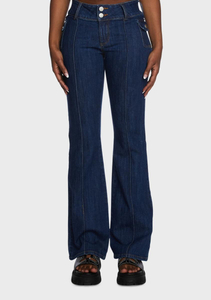 Classic low-rise slim-fit dark blue flared denim pants with two pockets jeans for women