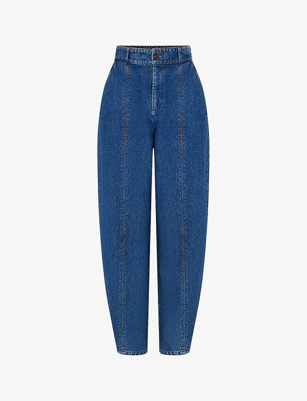 Fashionable loose skinny straight leg high-waisted blue jeans for women