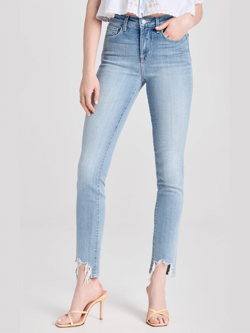 Women's jeans with high waists and close-fitting rough hem