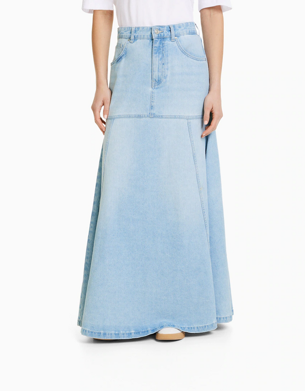 High-waisted Extra Long Denim Skirt with Ruffles