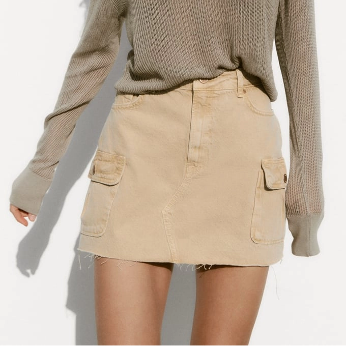 Fashion Women's Skirt Dyed Khaki Cargo Pocket Skirt