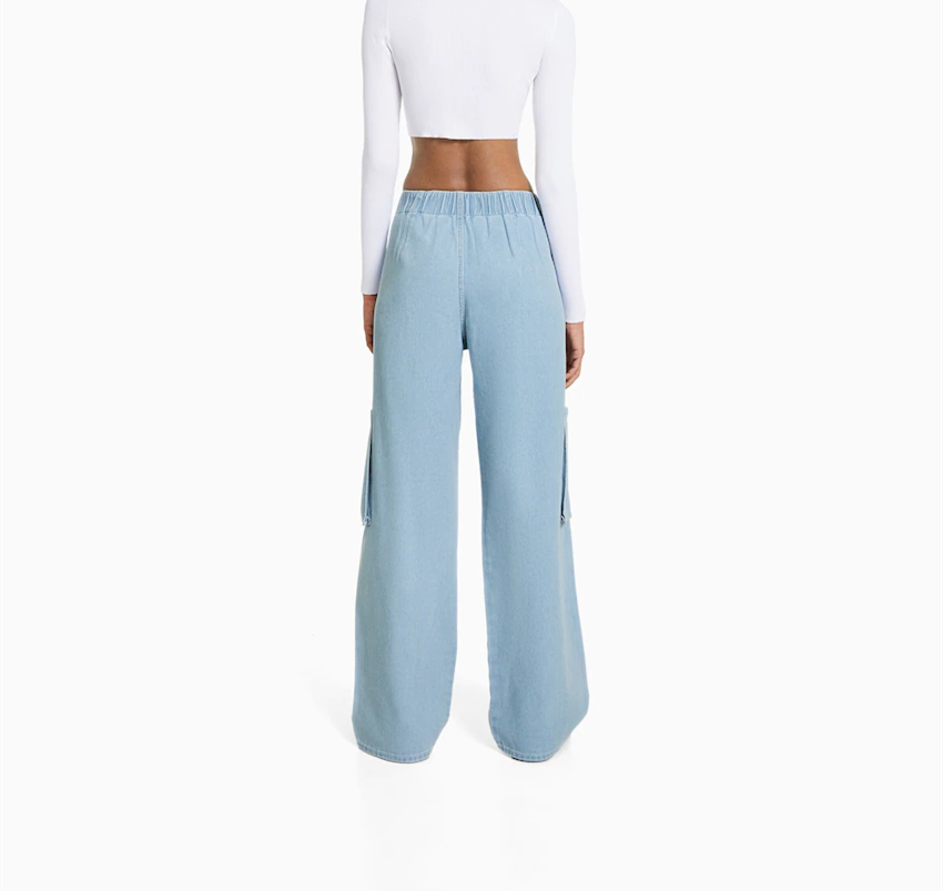 Women's Light Blue Cargo Jeans Wide-leg Pants