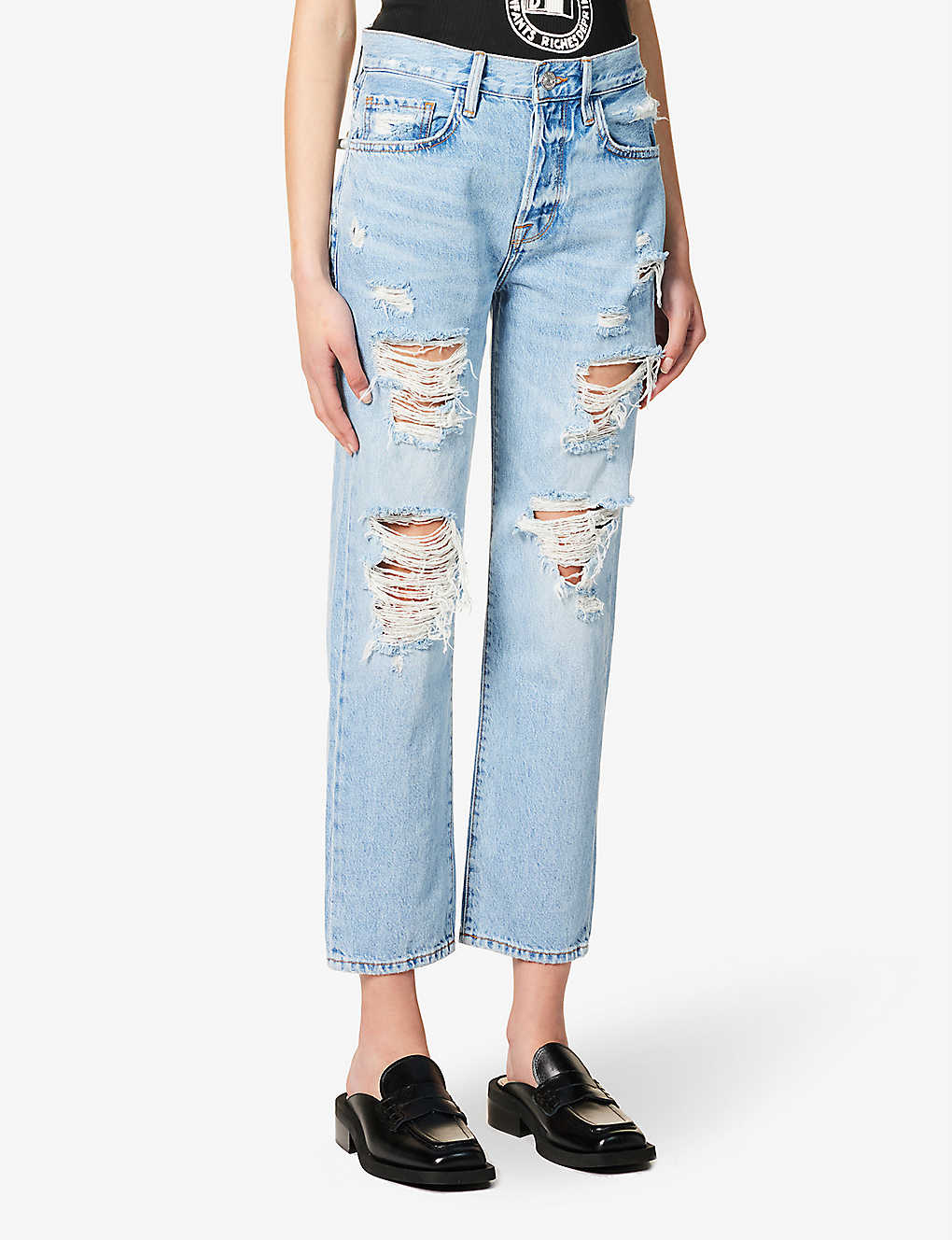 Vintage loose casual light blue wash ripped mid-waist denim nine-point pants