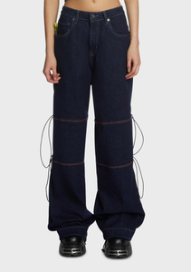 Fashionable new high-waisted loose straight leg patchwork Lace-up Elastic dark blue jeans for women