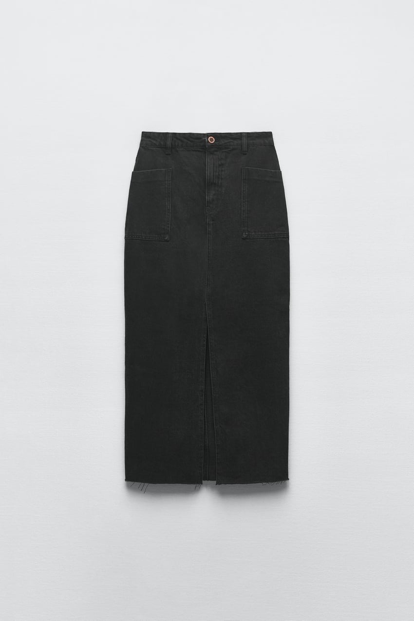  New Black Square Pocket Denim Skirt Women's Long Denim Skirt