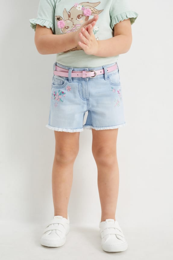 Stylish slim fit light blue knitted embroidered denim shorts for girls