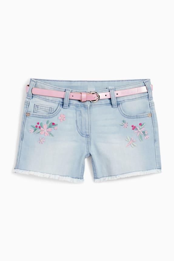 Stylish slim fit light blue knitted embroidered denim shorts for girls