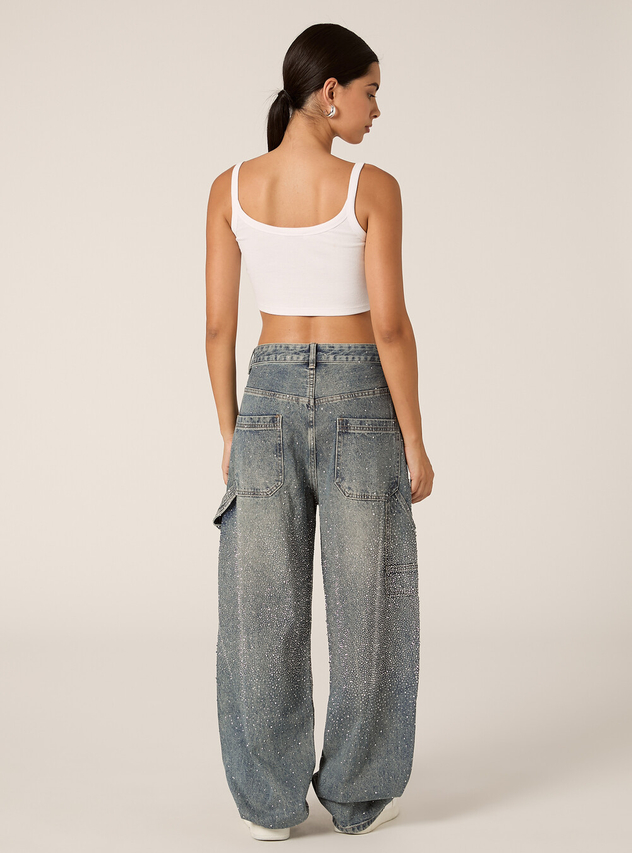 Classic Washed Fine Glittering Diamond Wide-leg Jeans
