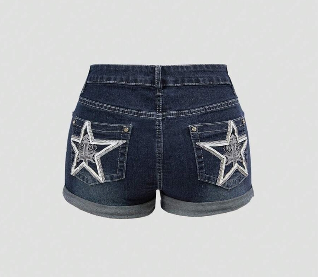 Lady's Star Embroidery Short Denim Pants