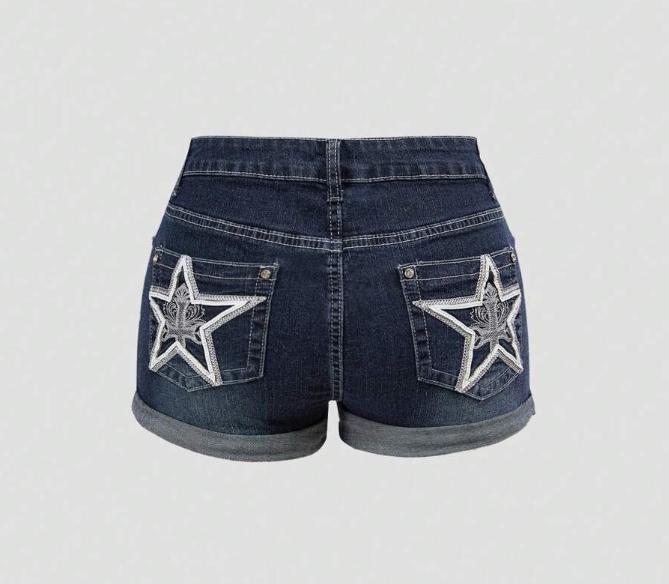 Lady's Star Embroidery Short Denim Pants