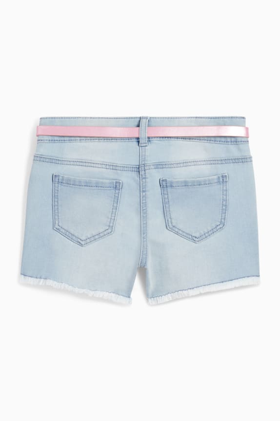 Stylish slim fit light blue knitted embroidered denim shorts for girls