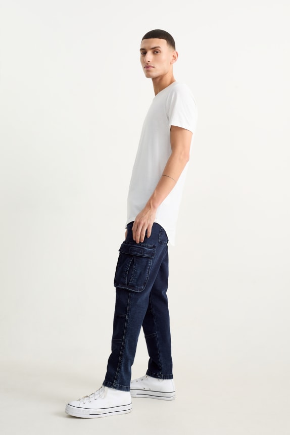 Fashion Stylish slim dark blue cargo stretch pants men's jeans