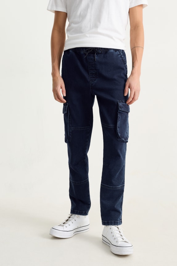 Fashion Stylish slim dark blue cargo stretch pants men's jeans