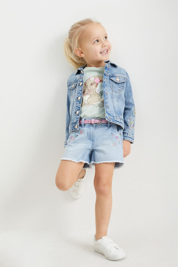 Stylish slim fit light blue knitted embroidered denim shorts for girls